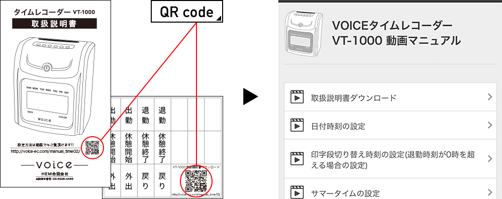 QRコード説明図 VOICE タイムレコーダー VT-1000